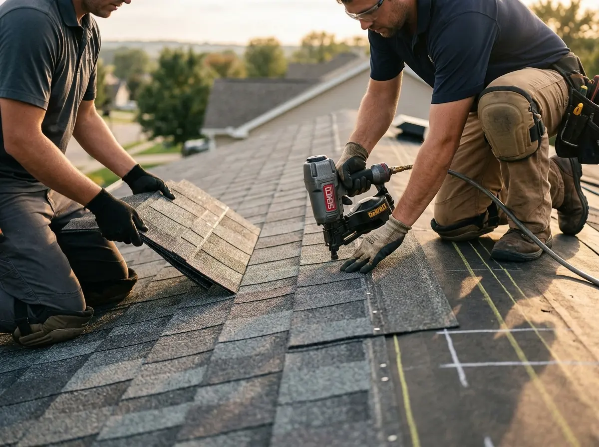 Professional roofer working on a residential roof in Schaumburg